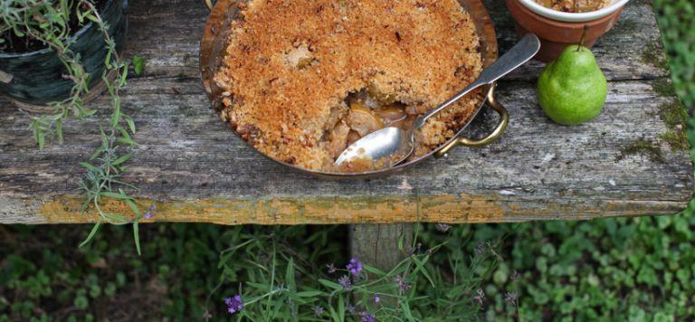 slice of lavender pear crisp being served