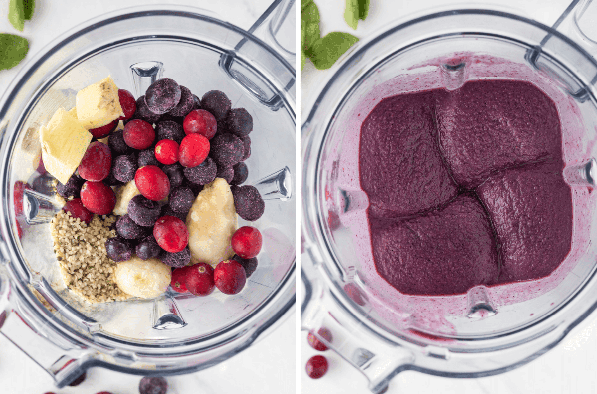 overhead shot of a blender filled with colorful berries and coconut water