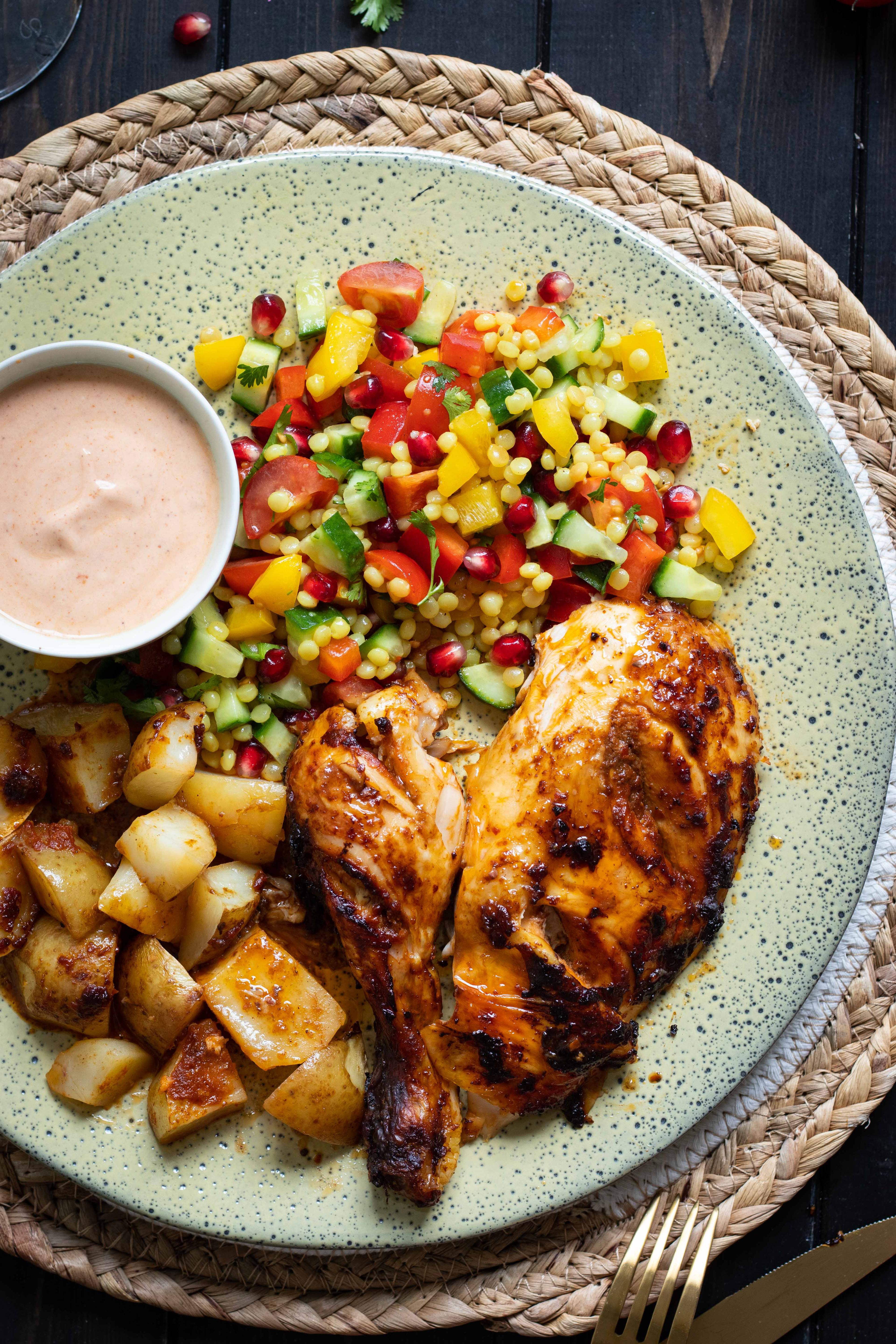 grilled chicken with Mediterranean couscous salad