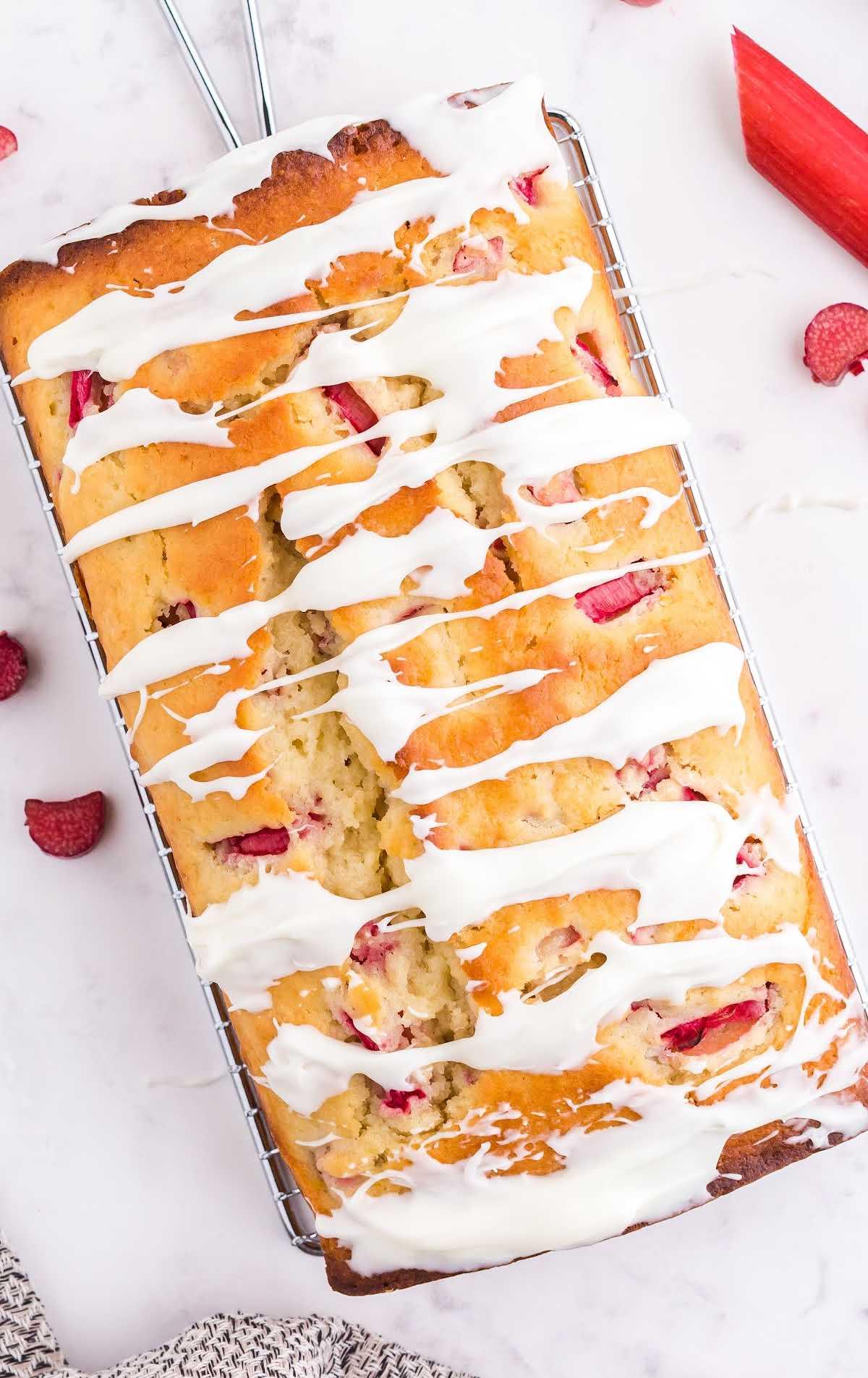 Overhead shot of freshly baked rhubarb bread