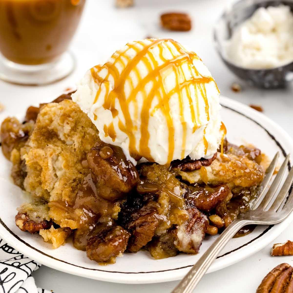 slice of maple pecan rhubarb dump cake with vanilla ice cream