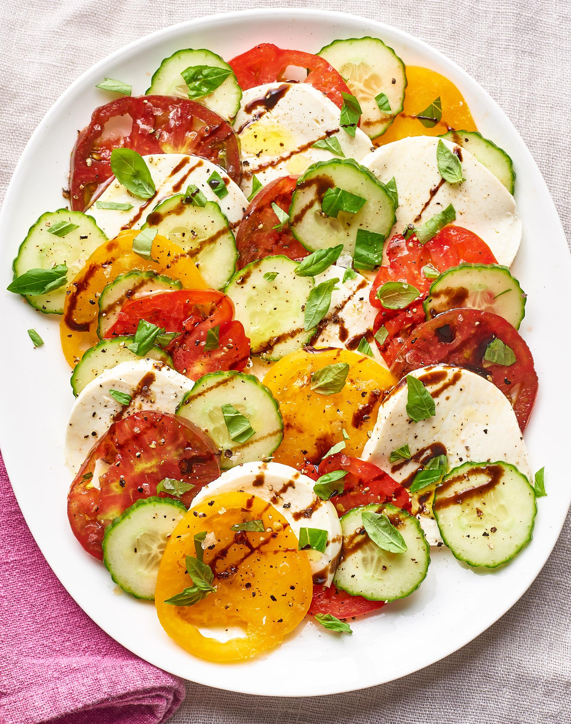 Cucumber Caprese Salad on a white plate