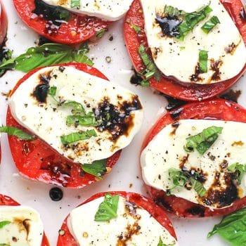 close up shot of Caprese Sorbet garnished with fresh basil and balsamic glaze