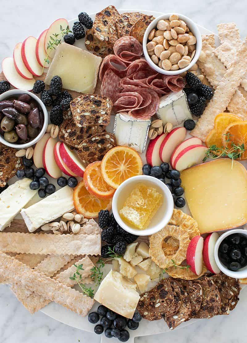 overhead shot of a beautifully arranged themed cheese platter