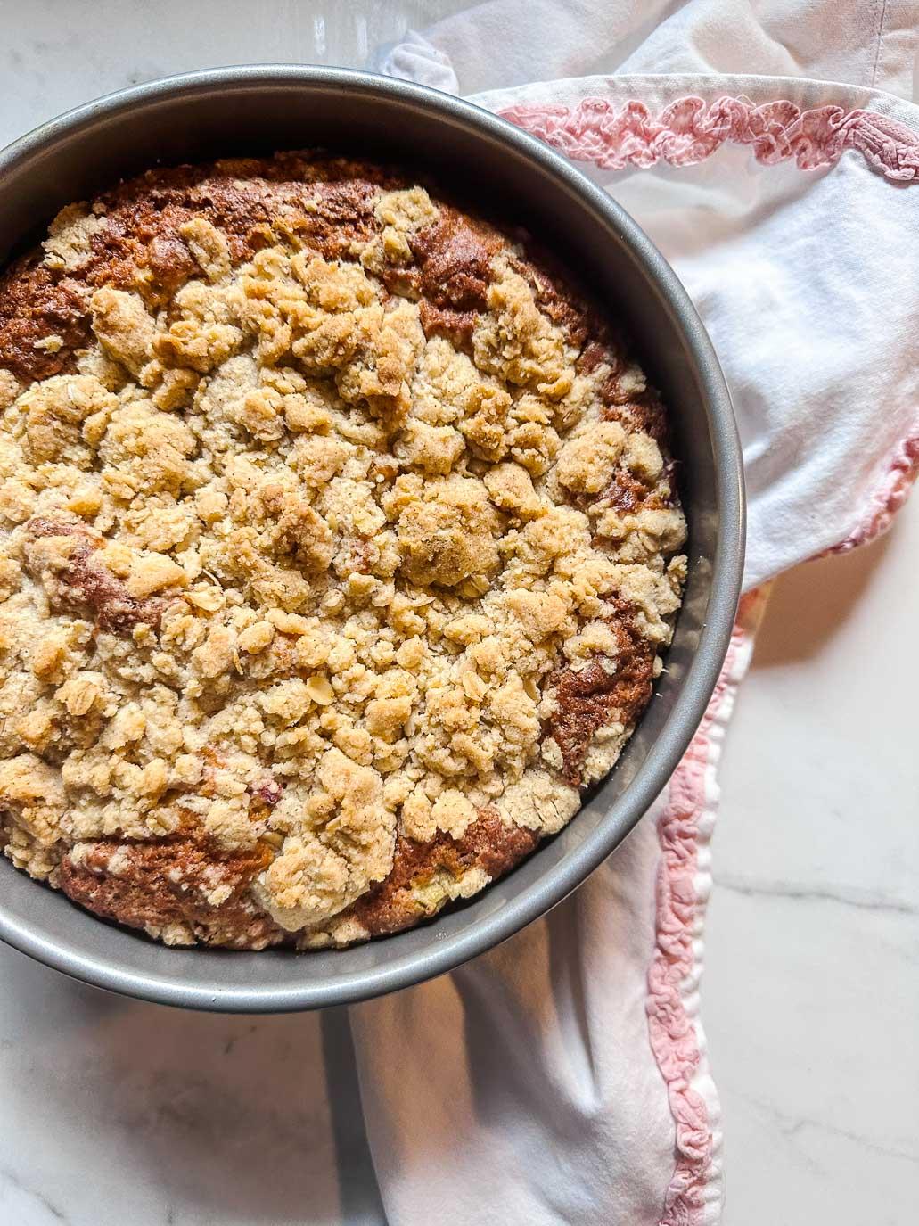 freshly baked rhubarb crumble with coffee