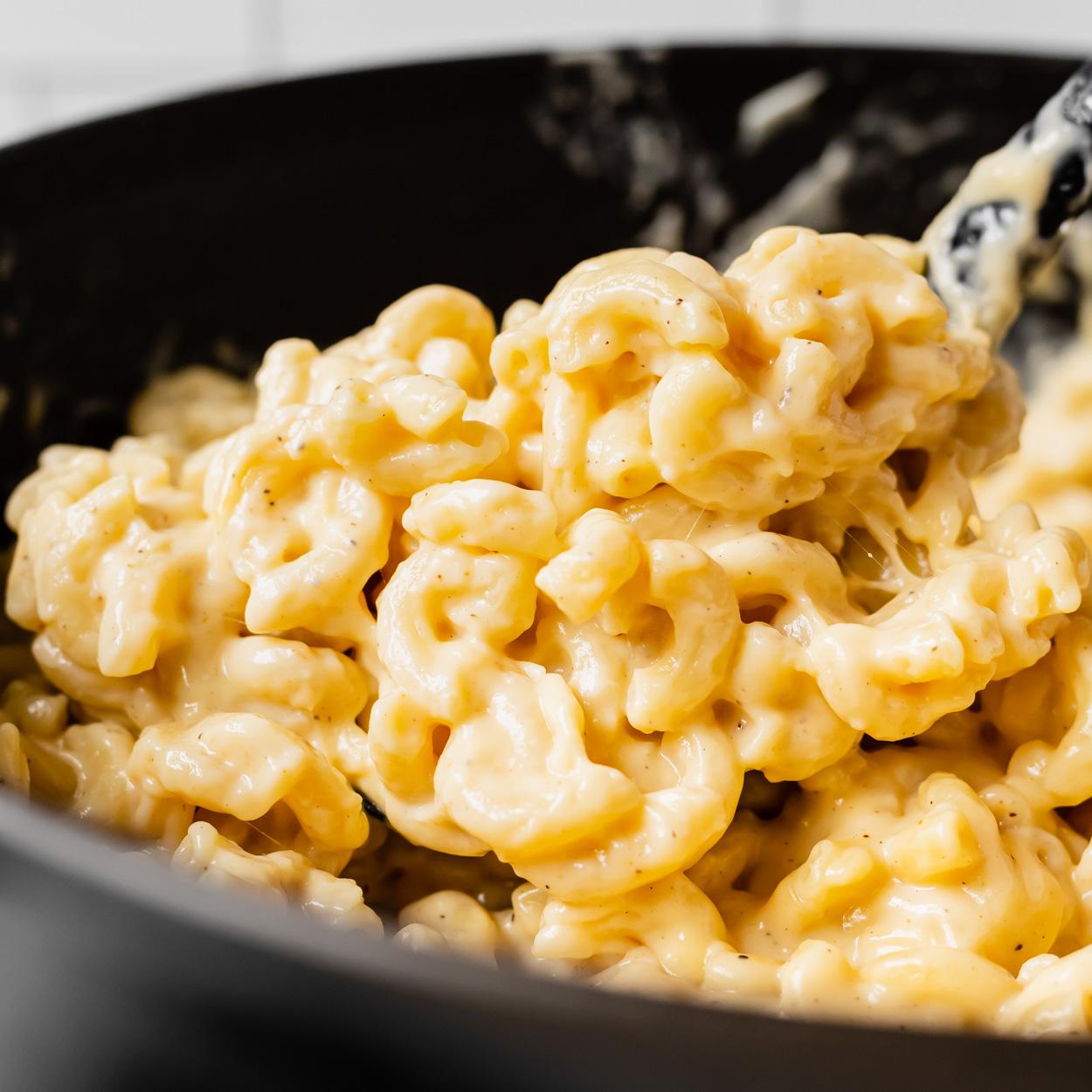 close up of creamy three cheese mac and cheese