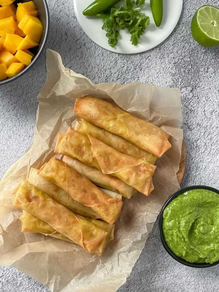 crispy mango spring rolls with sweet chili sauce