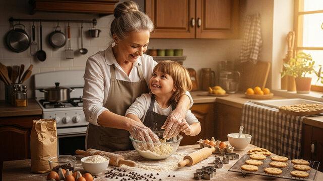 vintage kitchen scene with a grandmother and child baking cookies, warm lighting