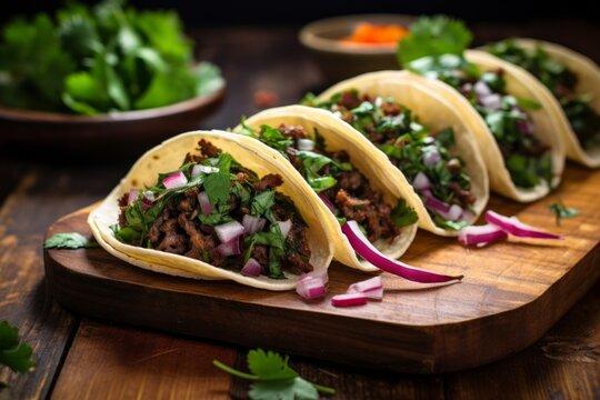 Cabeza tacos with onion and cilantro on a rustic wooden board