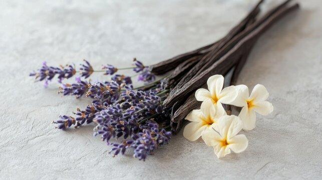 lavender flowers and vanilla beans scattered on a wooden surface