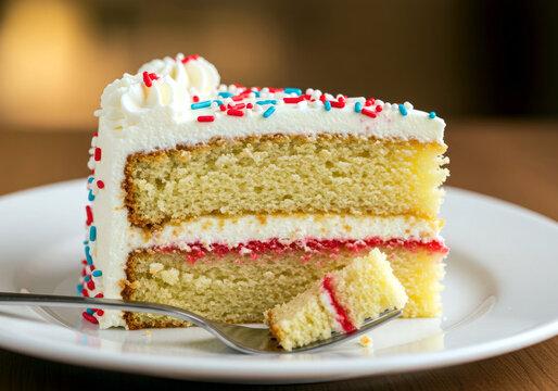 close-up shot of a slice of vanilla birthday cake with visible layers and frosting