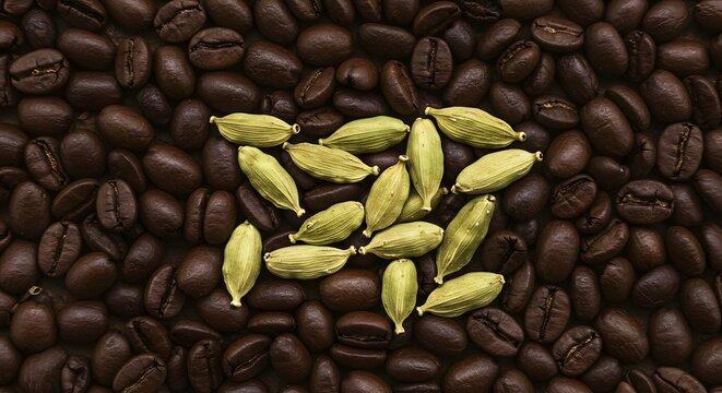 close up shot of cardamom pods and coffee beans