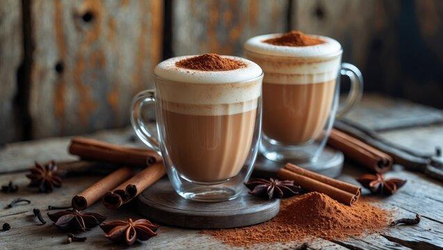 A top-down shot of a finished Chimichanga Chai Latte on a rustic wooden table