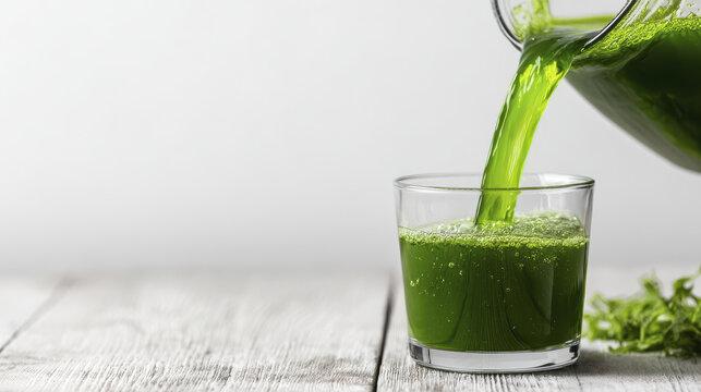 vibrant green smoothie being poured into a glass