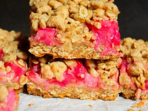 Close-up of Rhubarb Oat Slice with Maple Syrup, showing the layers and textures.