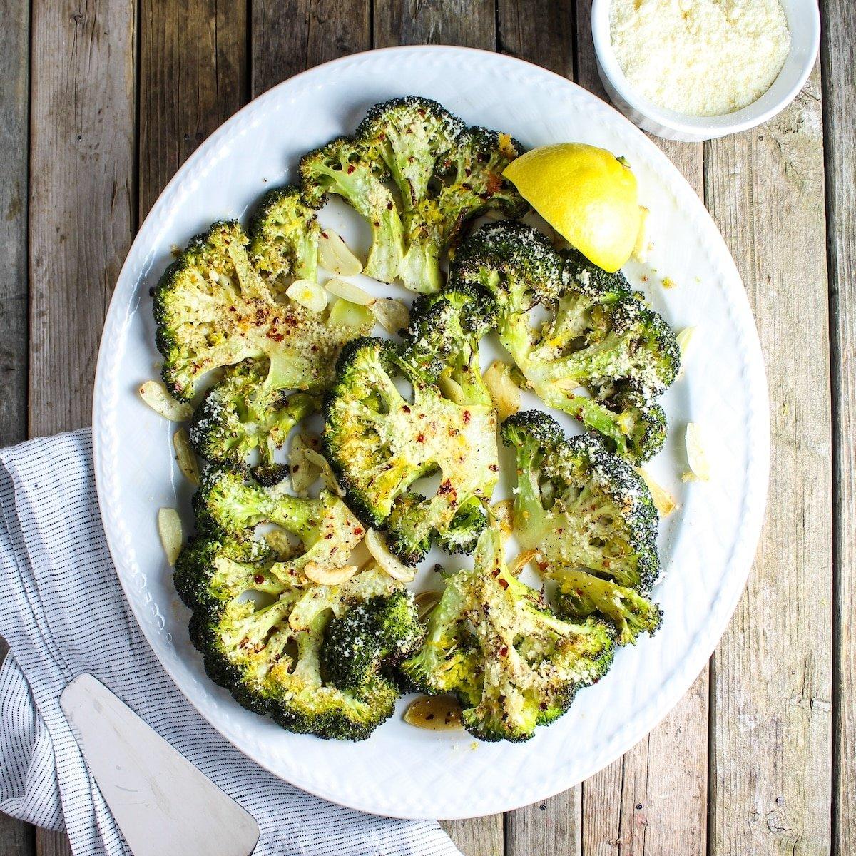 roasted broccoli with parmesan cheese and red pepper flakes