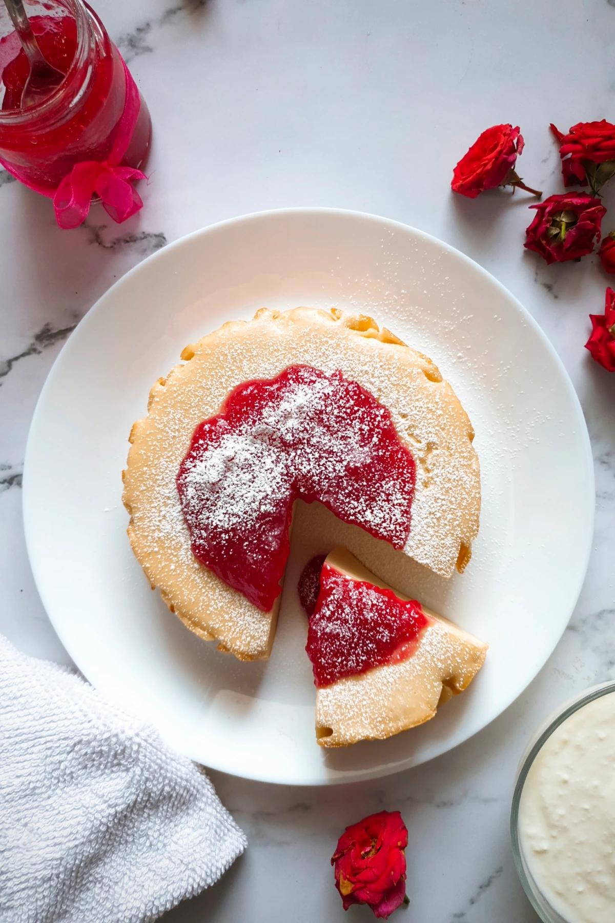 a slice of yogurt cake with powdered sugar on a plate