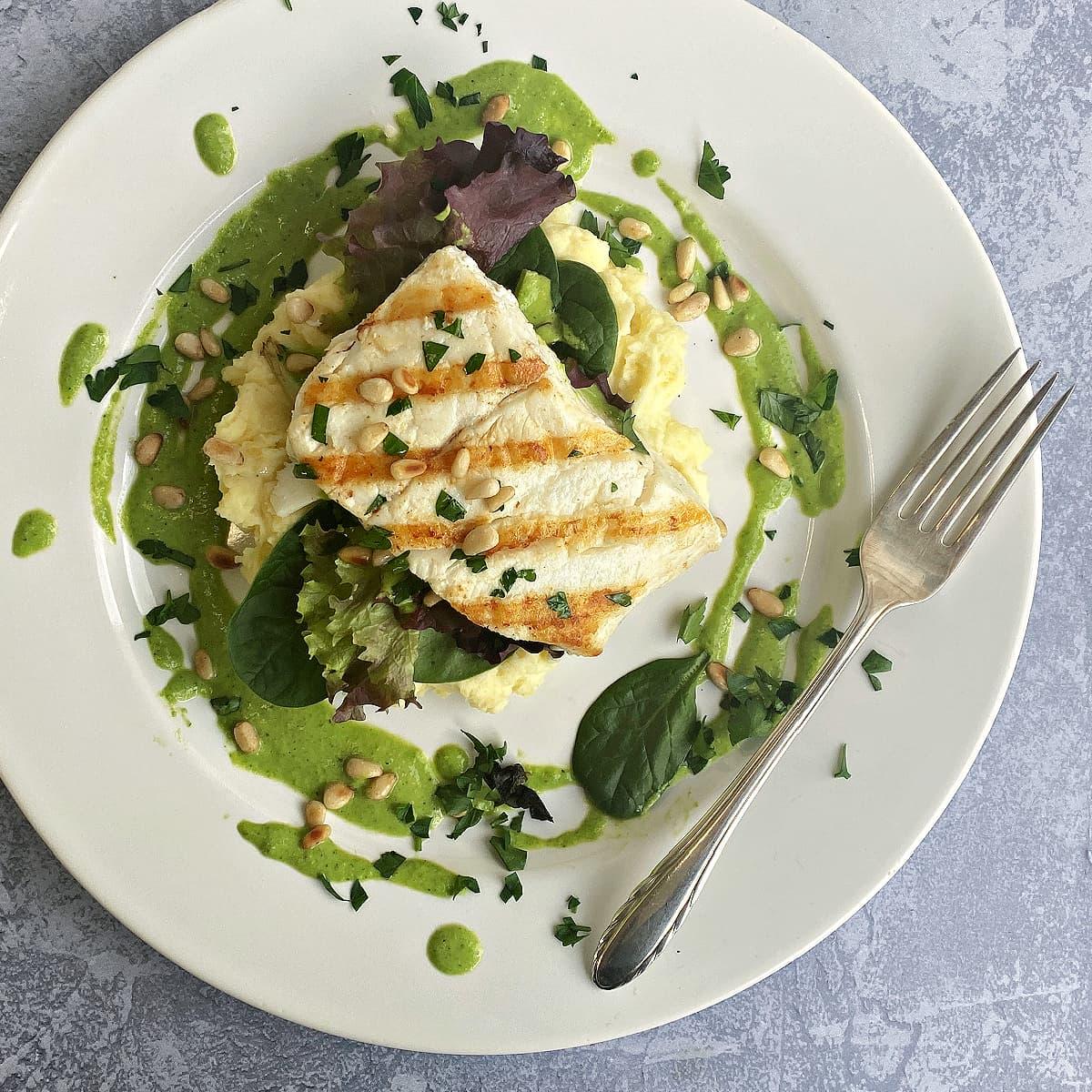 overhead shot of a perfectly grilled halibut fillet