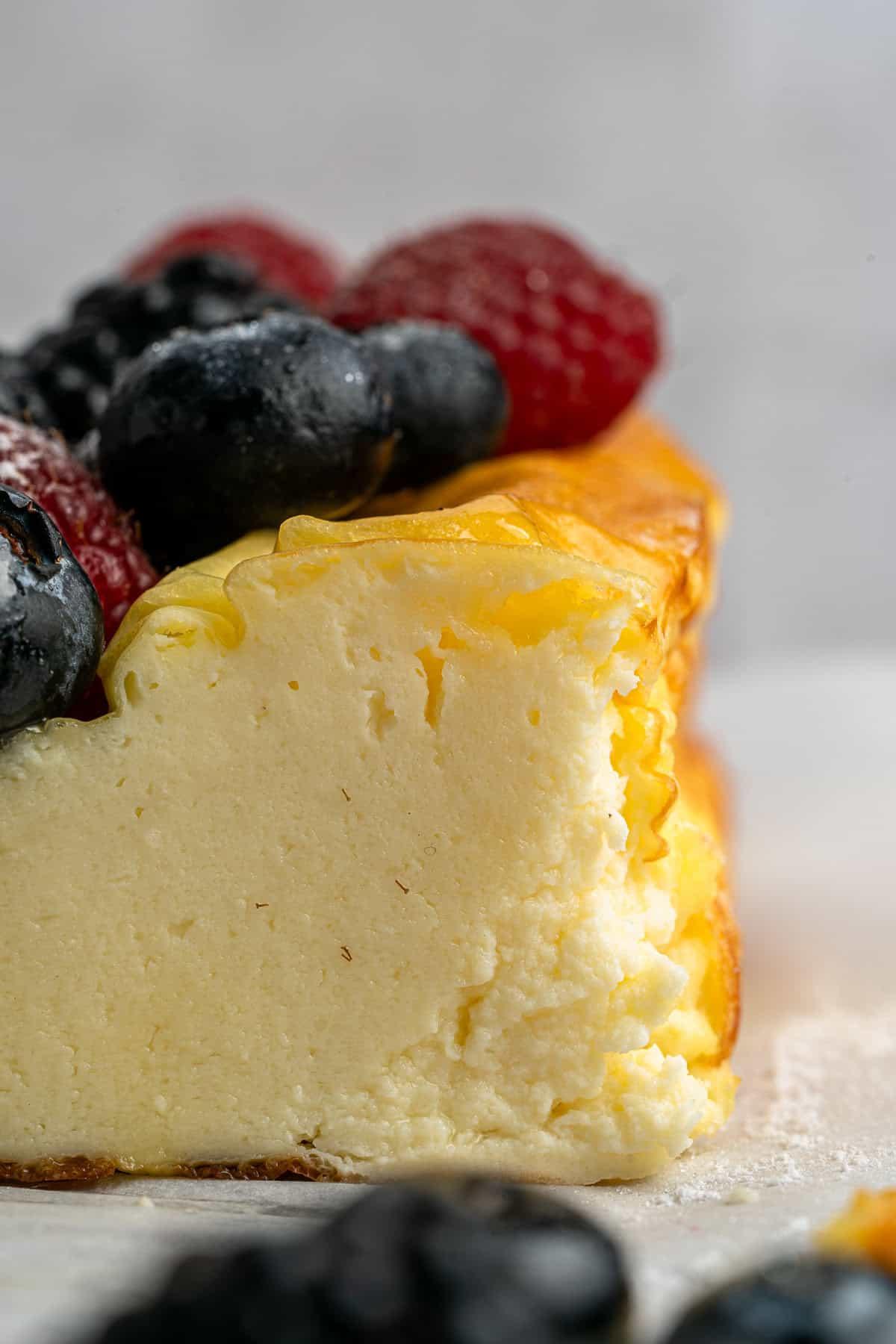 close-up of a slice of yogurt cake showing the texture
