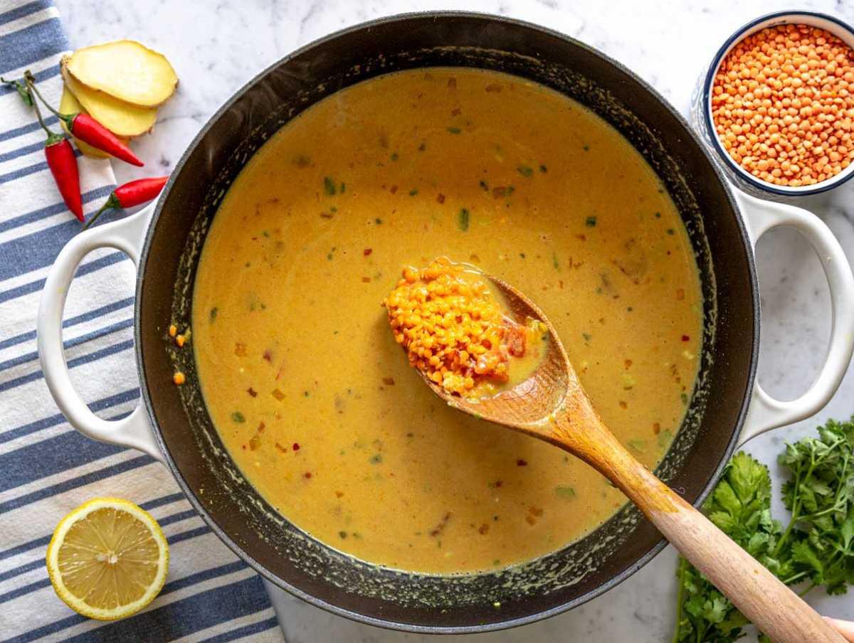 close-up shot of coconut curry lentils in a pot, simmering with steam rising
