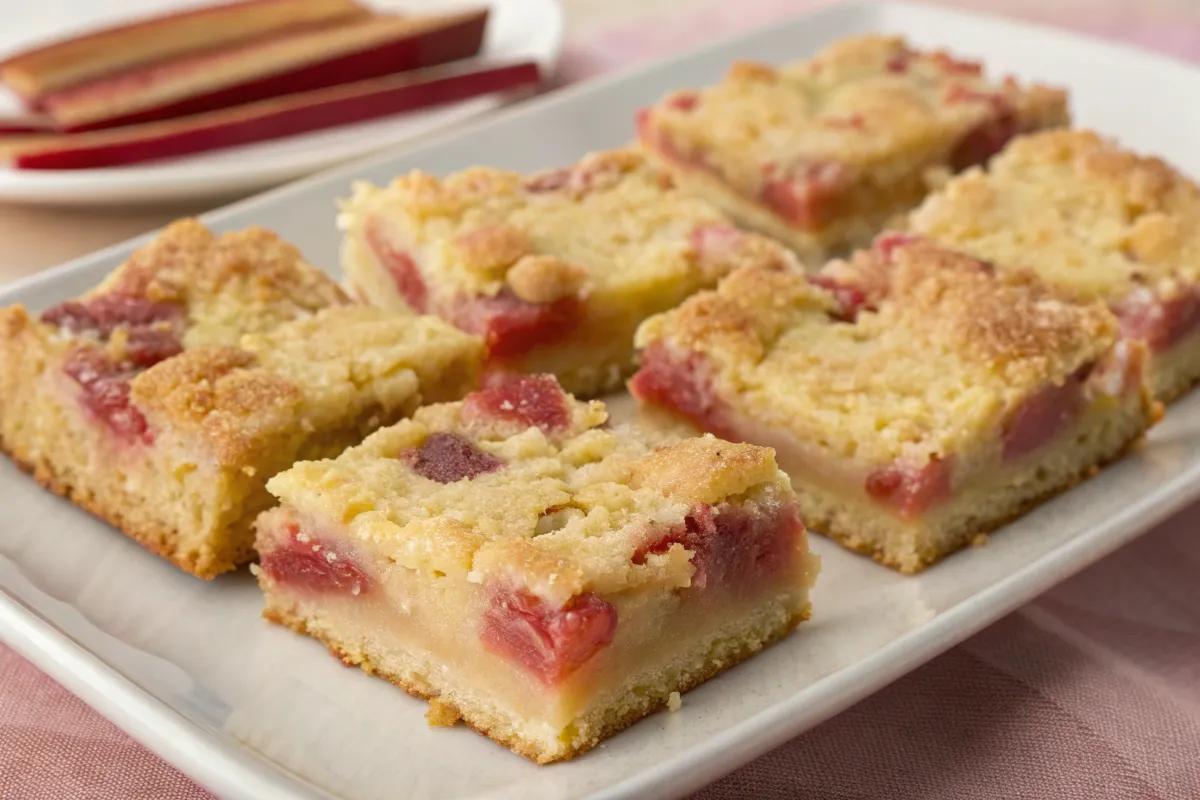 Rhubarb custard bars, golden crust, pink rhubarb filling