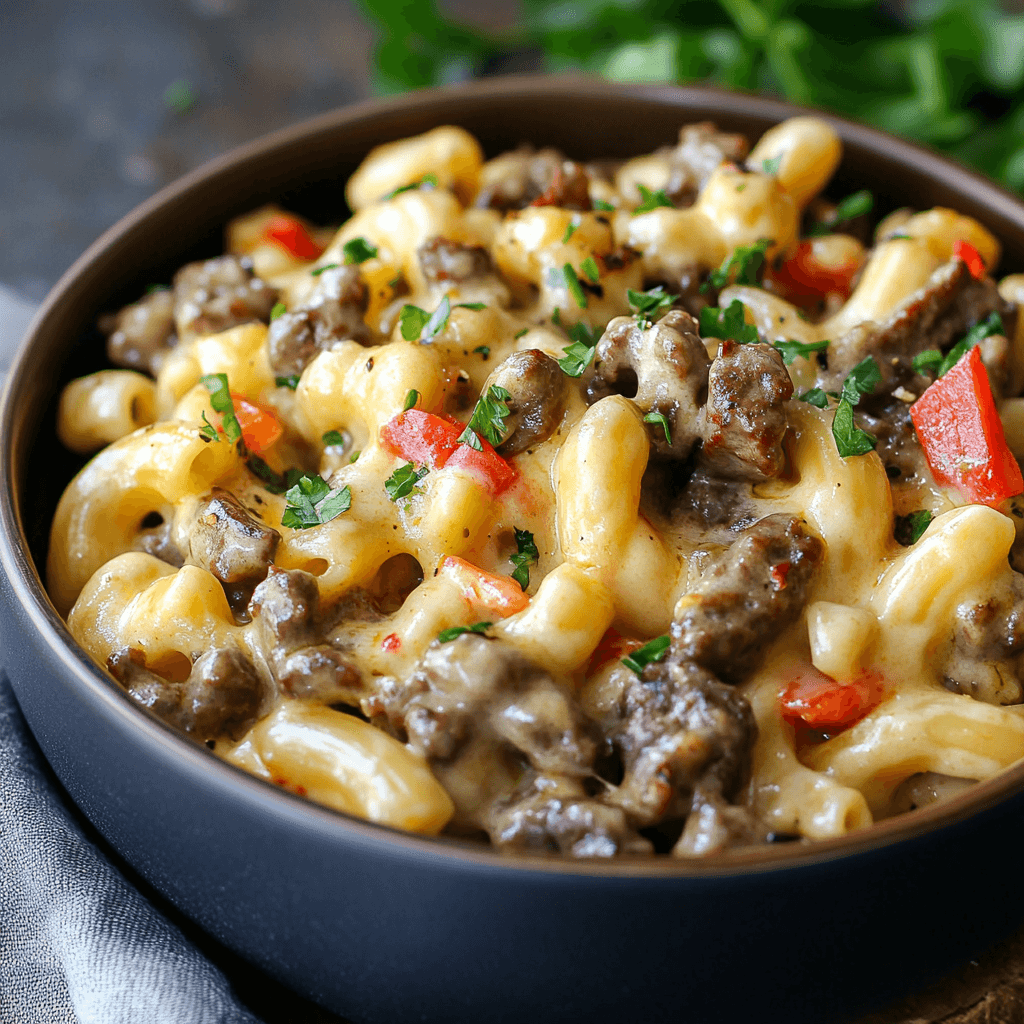 Philly Cheesesteak Mac and Cheese plated and ready to be served, garnished with parsley