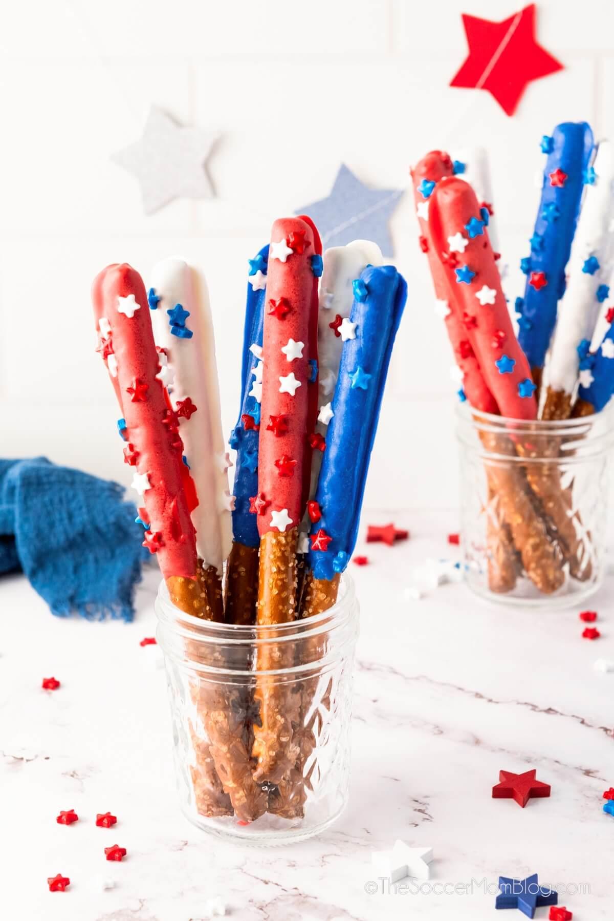 patriotic pretzel rods arranged in a festive display