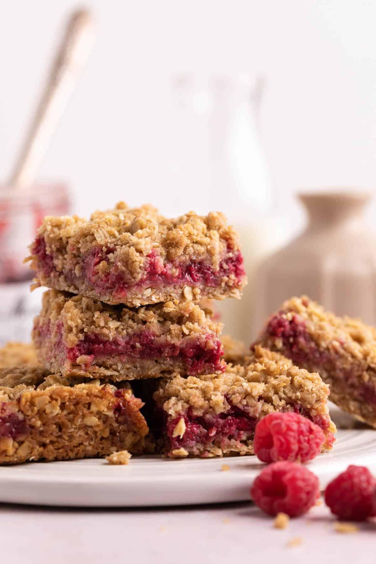 Close-up of rye raspberry bars with raspberries on top