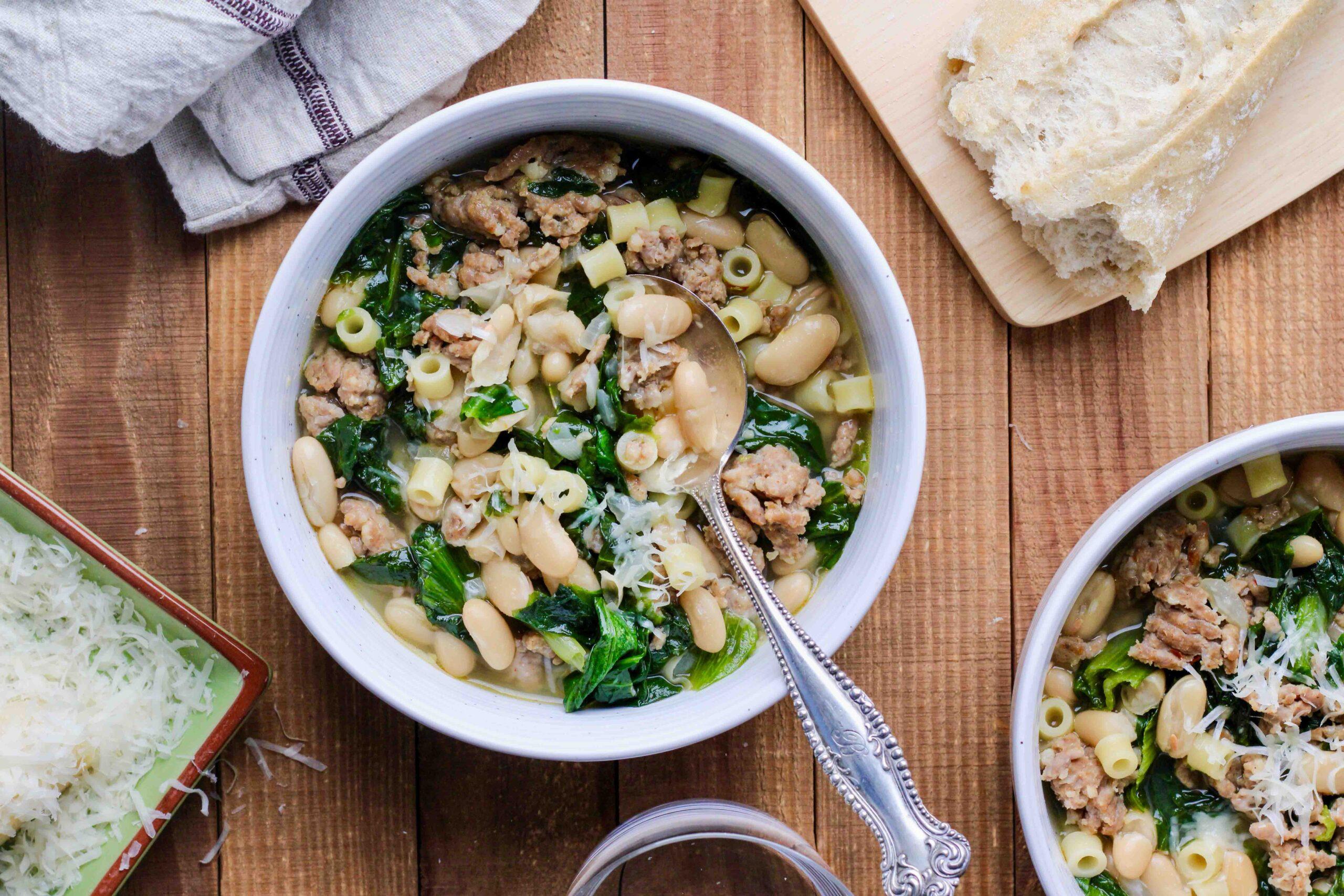 bowl of Italian sausage and escarole soup