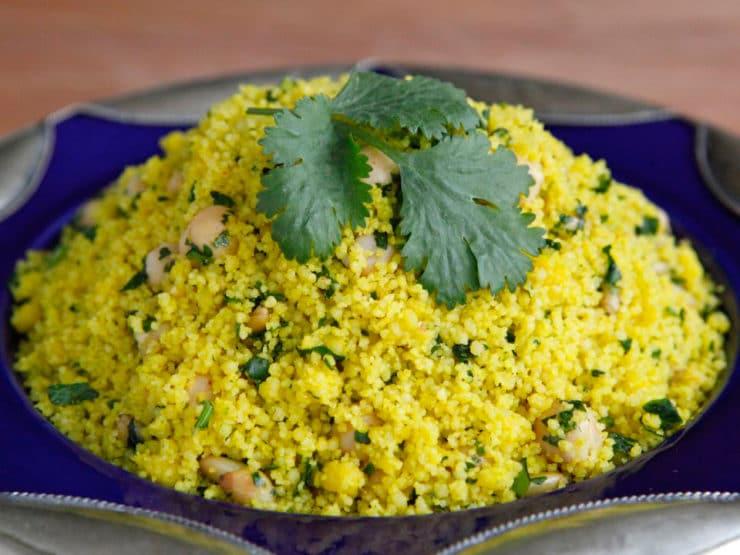 close-up of couscous with lemon zest and saffron threads
