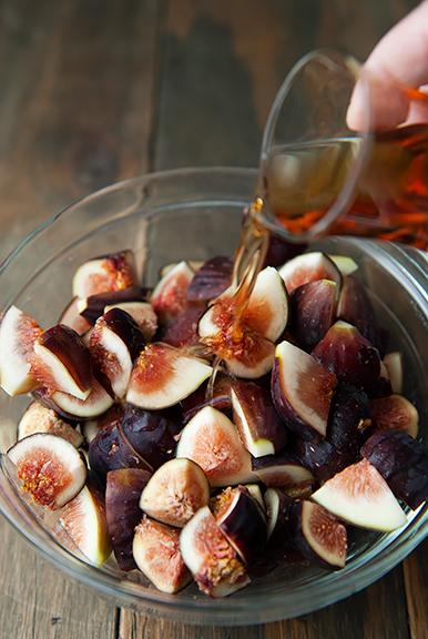 Close-up of Fig and Balsamic Bread Pudding with balsamic glaze drizzle