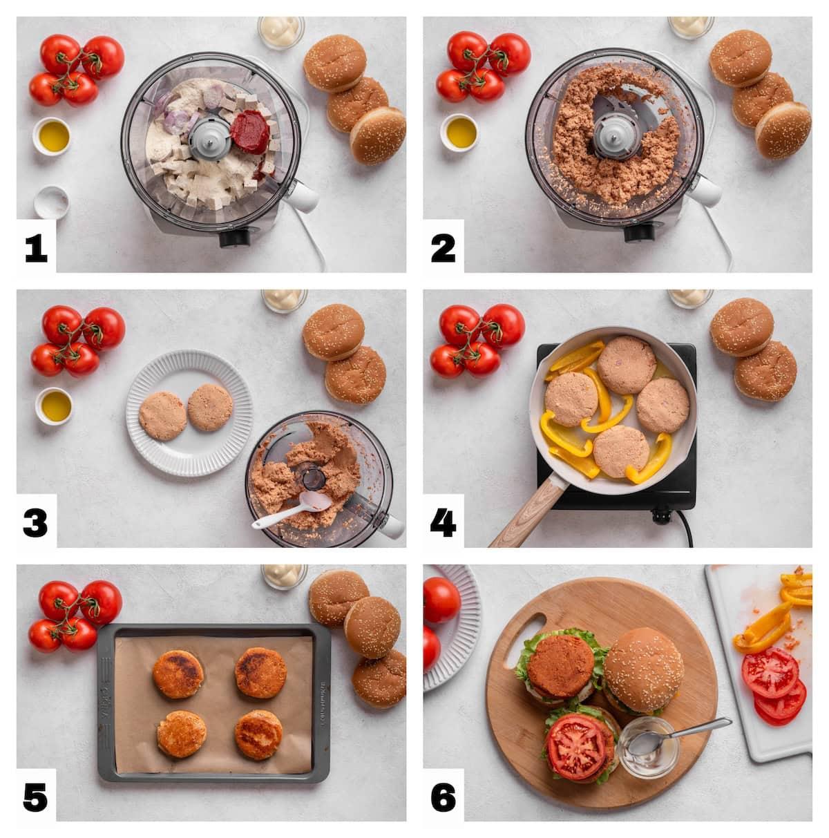 Tofu burger assembly line with various toppings