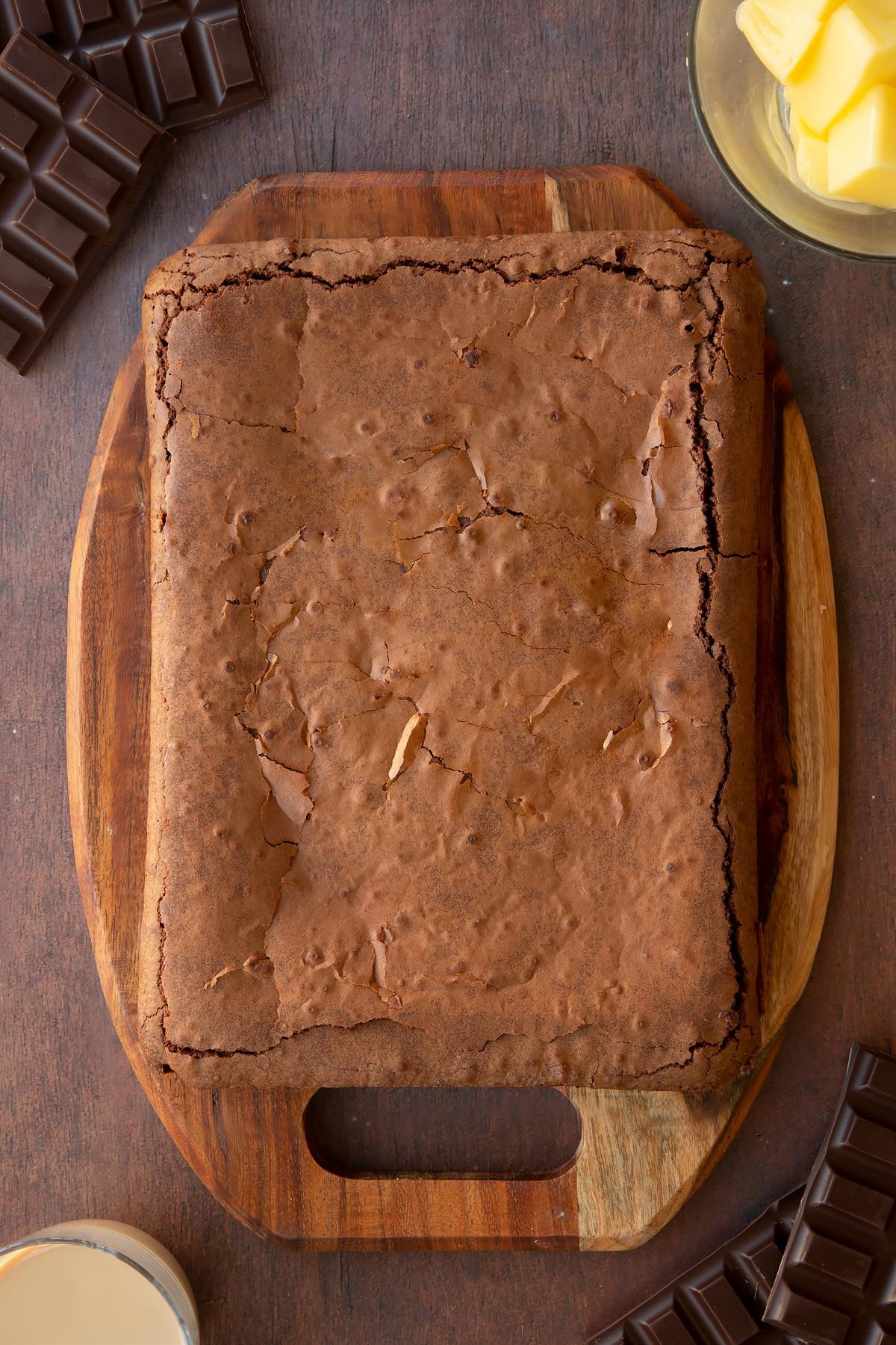 close-up shot of a freshly baked Baileys brownie, still in the baking pan