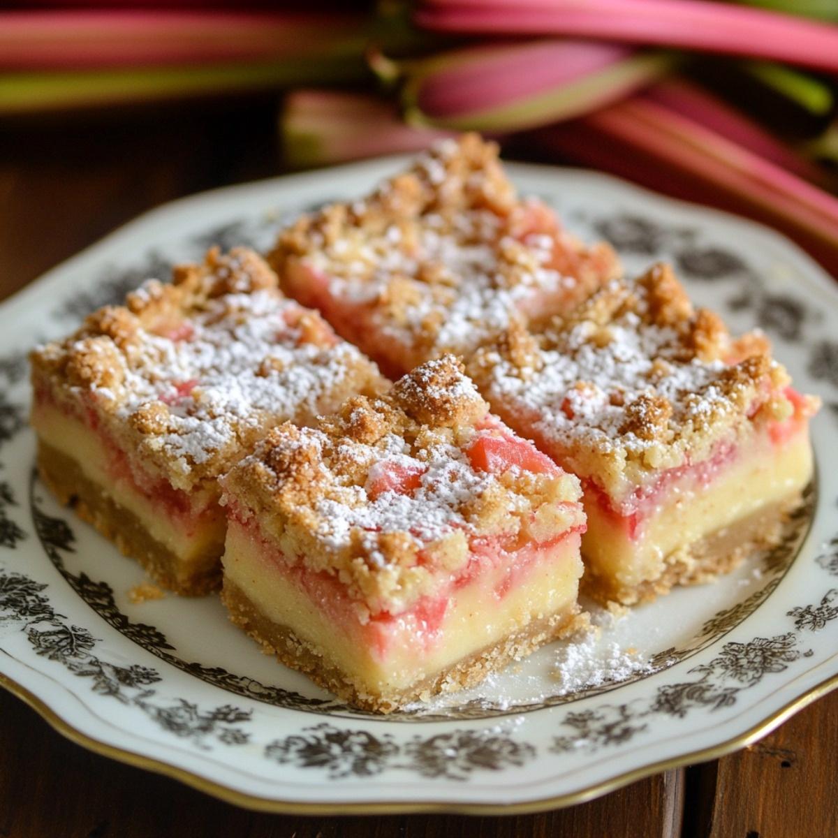 slice of millet rhubarb custard bar on a white plate with a fork
