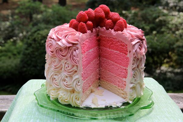 slice of raspberry rose cake showing moist crumb and raspberry pieces
