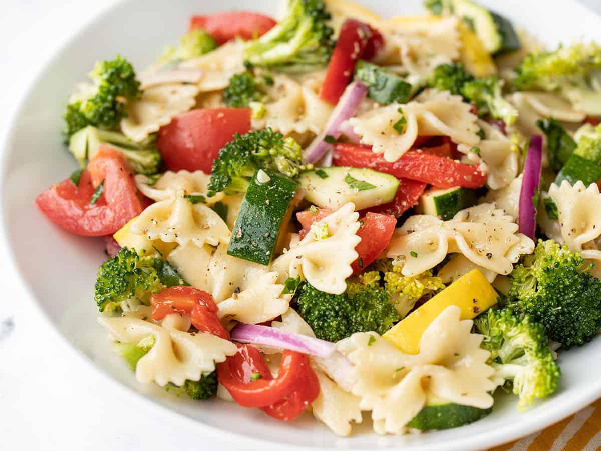 close-up shot of various vegetables in a pasta salad