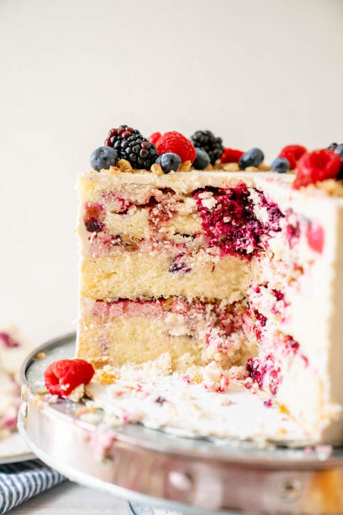 vanilla birthday cake with goji berry compote
