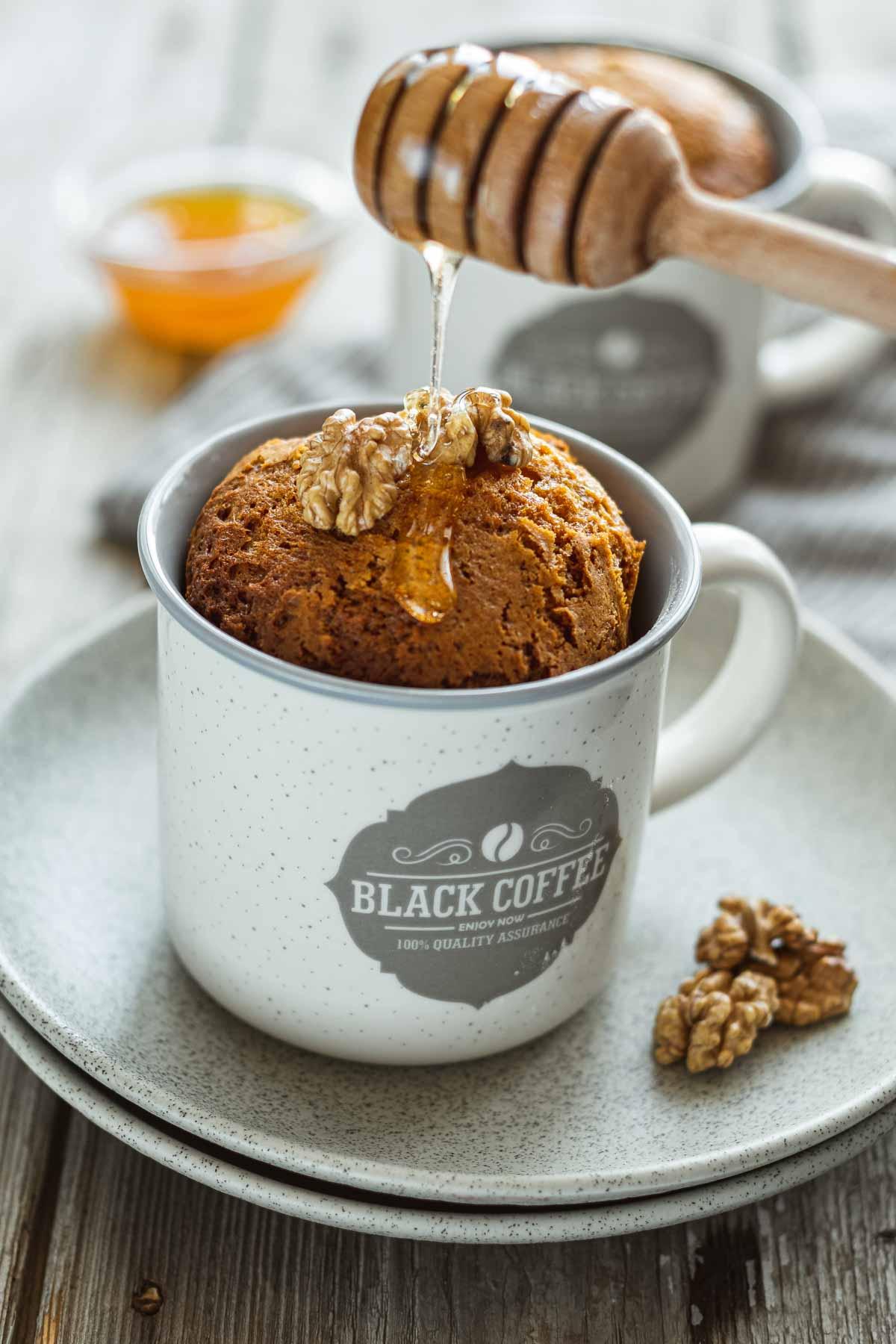honey chamomile mug cake in a rustic setting