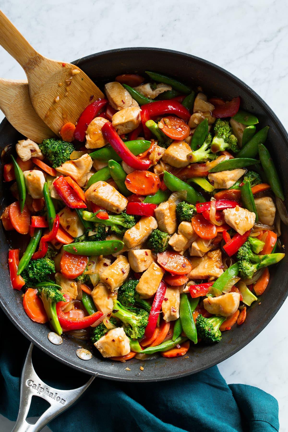 chicken and vegetables stir-fried in a wok