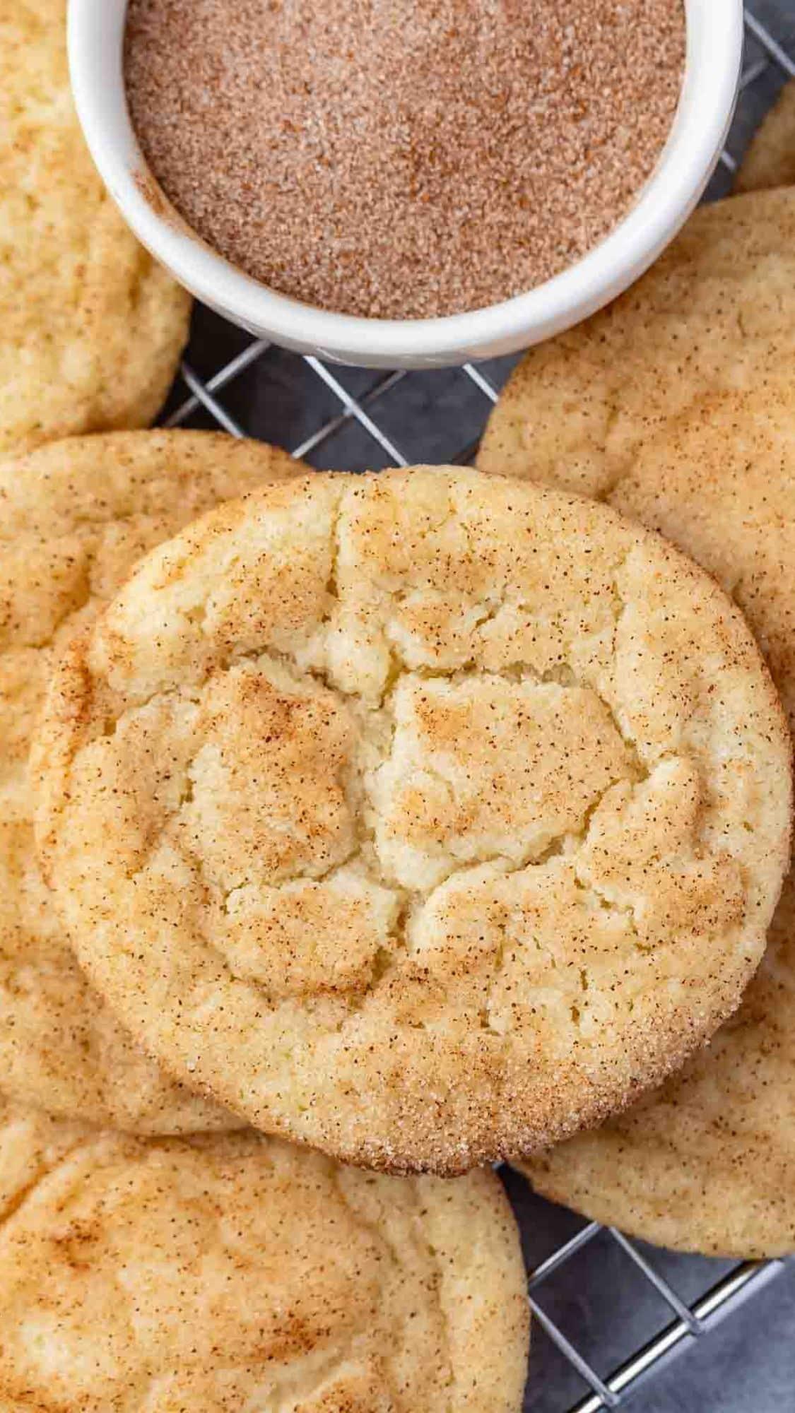 Close-up shot of snickerdoodle cookie dough being rolled in cinnamon sugar