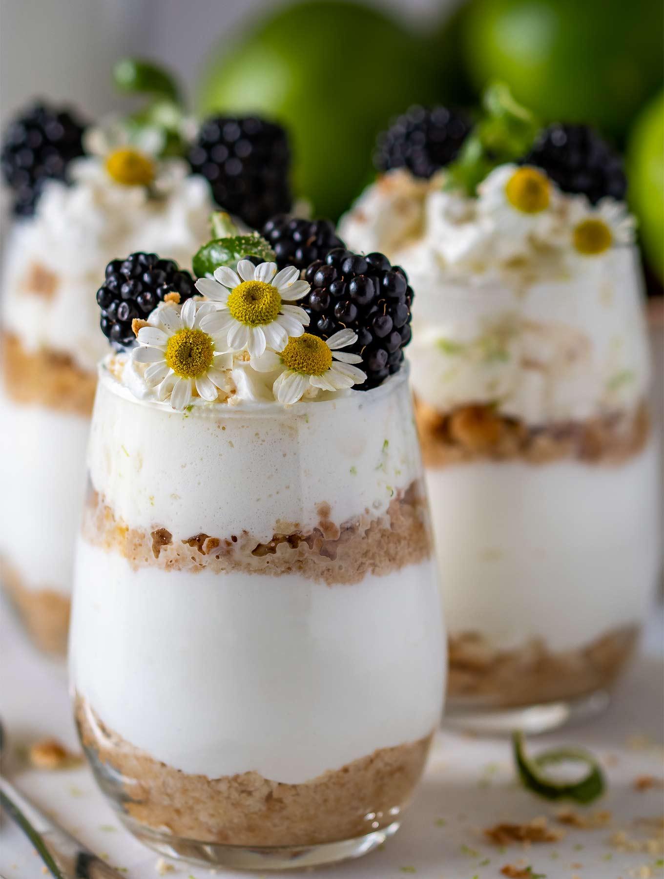 Close-up shot of layers of Key Lime Pie Yogurt Parfait in a glass