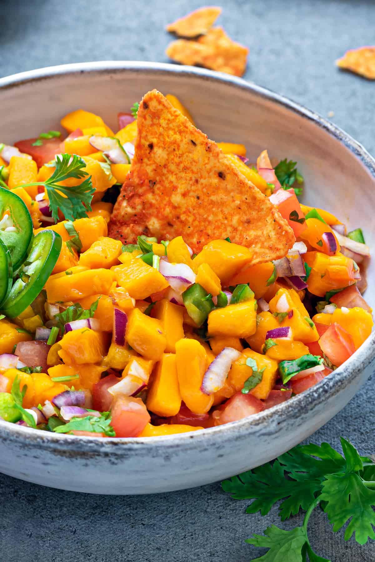 close up shot of the mango salsa