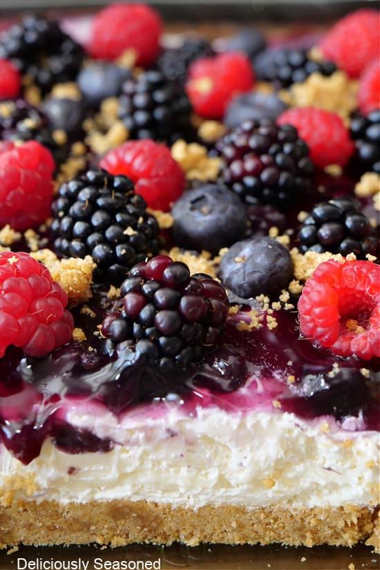 close up shot of layers of berry dessert