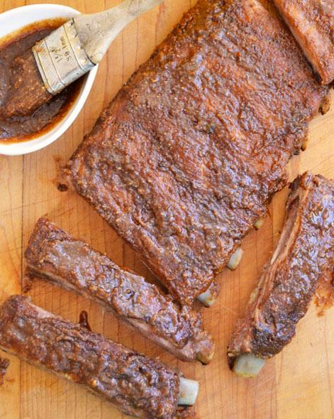 close up of almond amaretto ribs being sliced