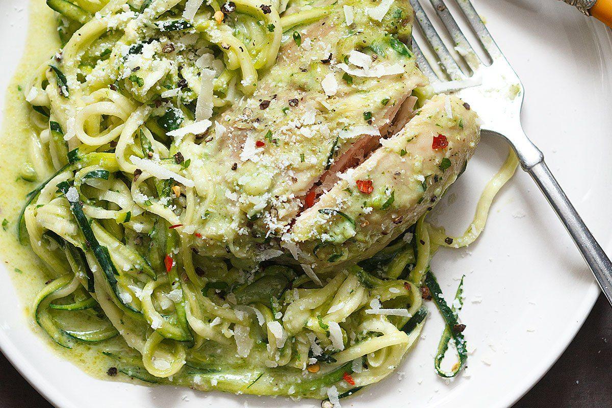 close up of the creamy pesto chicken with zucchini noodles in a skillet, showing the texture of the noodles and the sauce