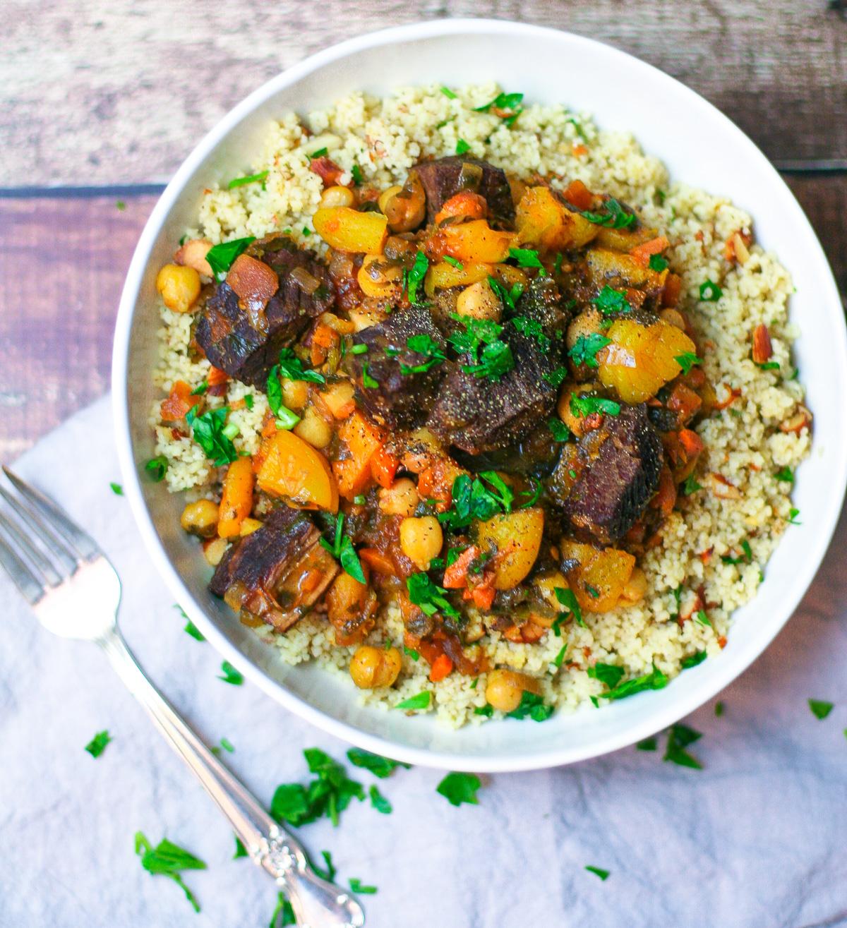 Moroccan tagine with beef and apricots in a dutch oven