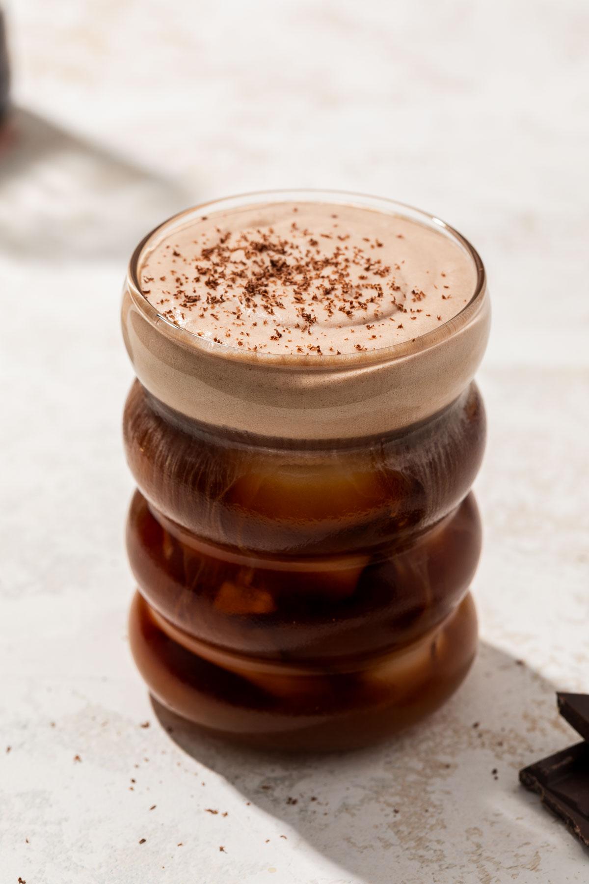 top down shot of a finished cold brew trifle with chocolate shavings