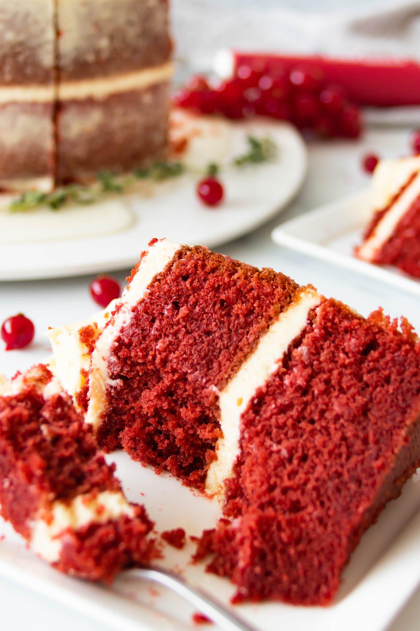 close-up of a slice of red velvet cake showing the texture of the crumb