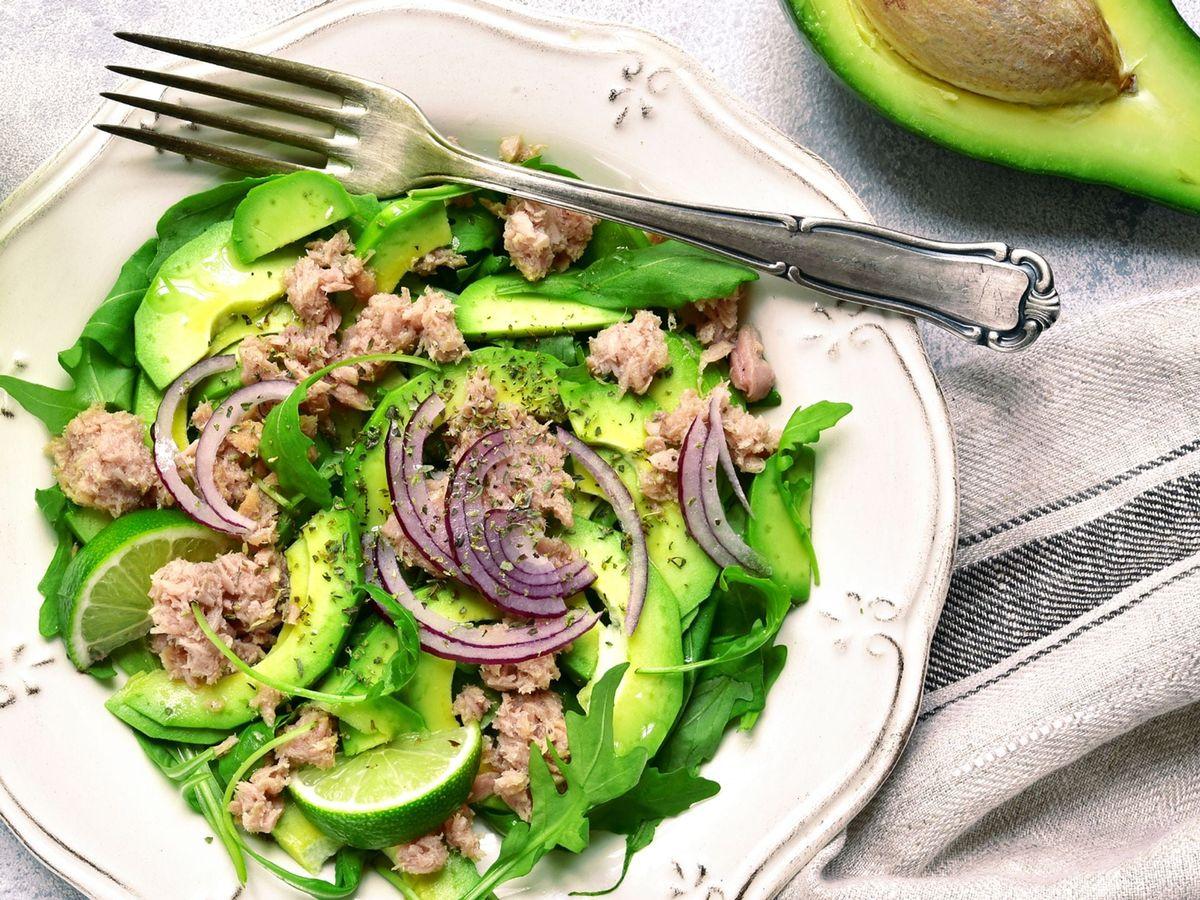 close-up shot of a healthy and colorful avocado dinner plate