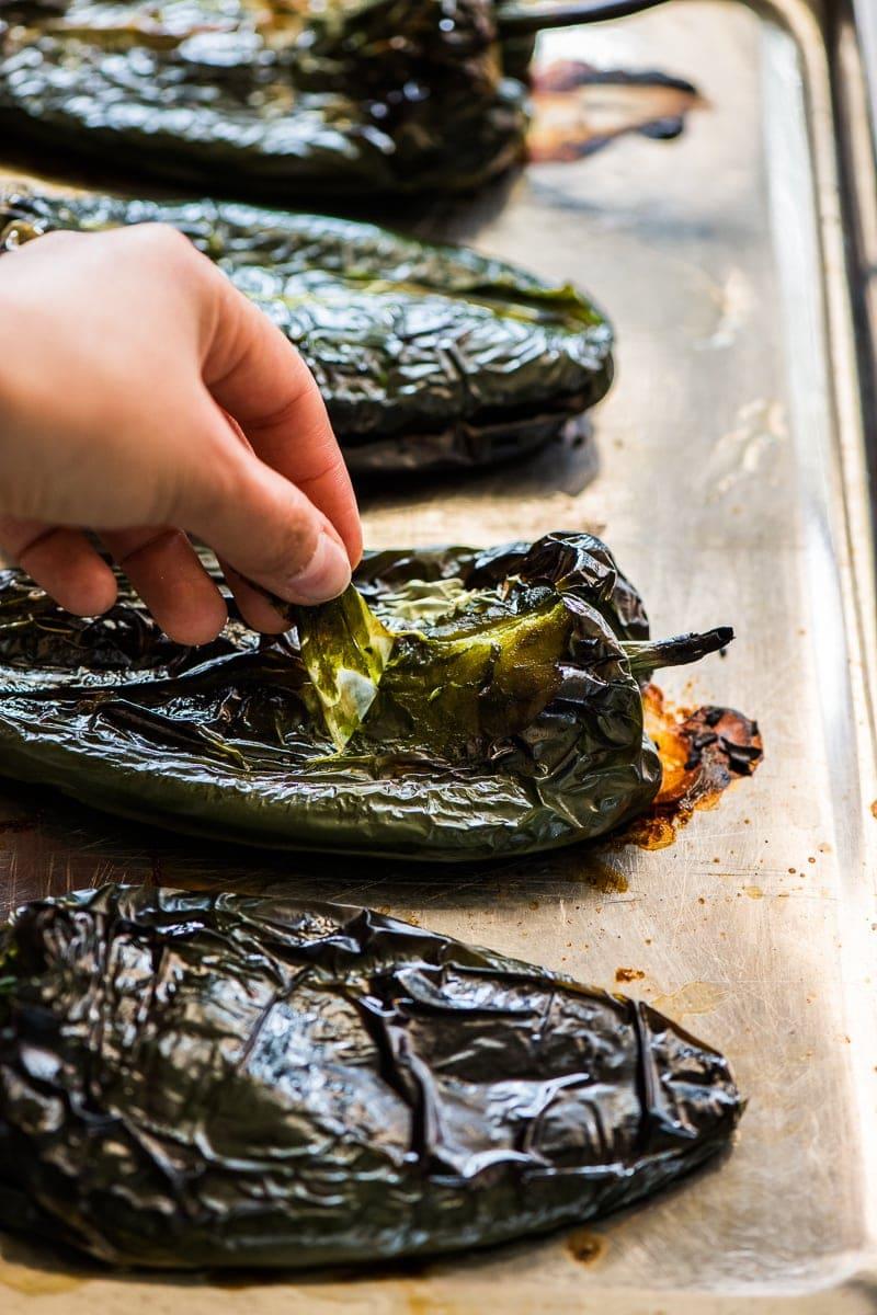 poblano peppers being grilled